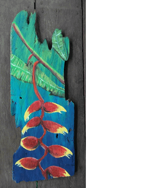 Tropical Red Flowers painting on driftwood - Island Art by Yotigo